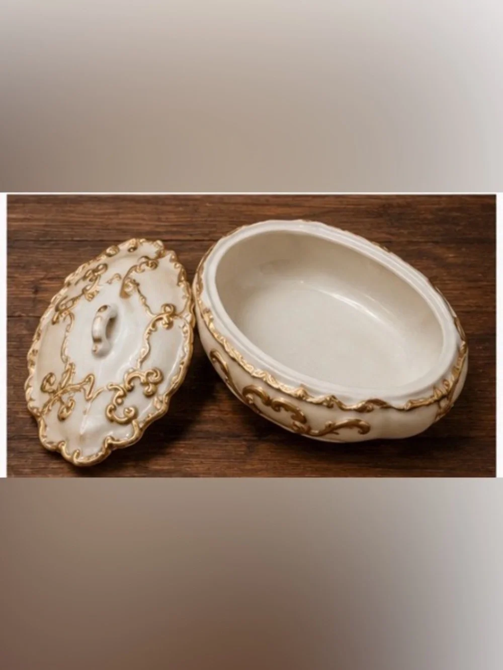Vintage White Porcelain Trinket Box w/ Raised Gold Gilt Rococo Scrollwork